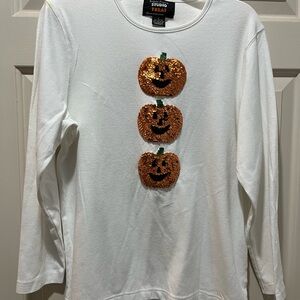 Studio Treat White Long Sleeve Sequin Pumpkin Top – Size Large 🎃✨